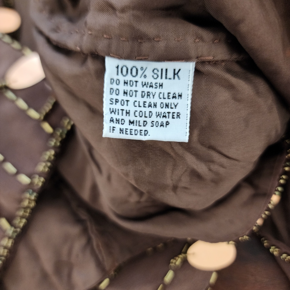 Vintage 100% Silk Chocolate Brown Copper Sequin Beaded Cardigan - Picture 3 of 7